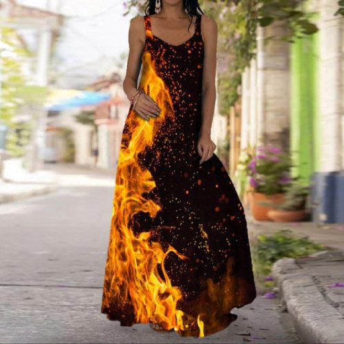 보헤미안 서스펜더 스트랩 없는 걸레 로브 넥타이 염료 3D 인쇄 민소매 VESTIDO 새로운 디자인 여성  여름 긴 맥시 드레스