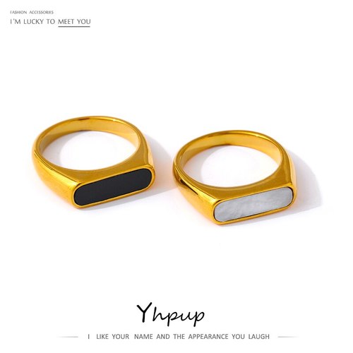 YHPUP 성명 여성용 자연 쉘 반지 스테인레스 스틸 골드 금속 패션 방수 보석 BAGUES 부어 팜므