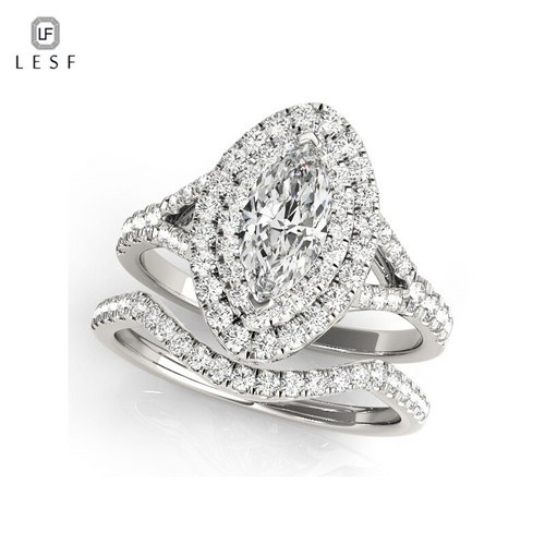 LESF 925 스털링 실버 반지 여성 SONA 시뮬레이션 다이아몬드 약혼 반지세트  웨딩 쥬얼리