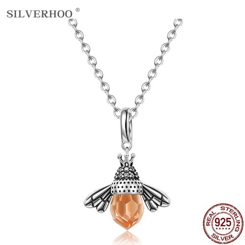 SILVERHOO 925 STERLING SILVER WOMEN NECKLACE AUSTRIA CRYSTAL YELLOW BEE PENDANT NECKLACES REAL LUXUR