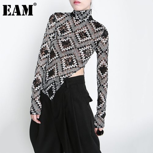 [EAM] 여자 빈티지 원근법 비대칭 T-셔츠 새로운 터틀넥 긴 소매 패션 봄 가을  1DD4680