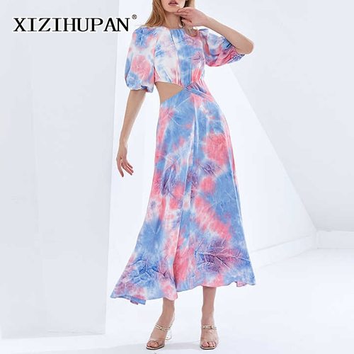 XIZIHU팬 타이 염색 컬러 블록 비대칭 여름 드레스 여성용 퍼프 반 슬리브 모여 허리  새로운 긴