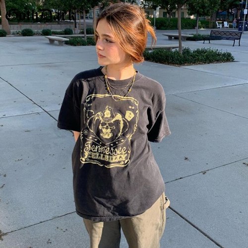 고스 다크 오버 사이즈 고딕 그래픽 프린트 여성 티셔츠 그런지 미학 펑크 루스 여름 상의 반 패션 스트리트웨어