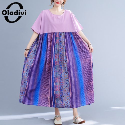 OLADIVI-오버사이즈 여자 패션 프린트 보헤미안 드레스 숙녀 여름 휴가 비치웨어 맥시 롱 로브 팜므 88901