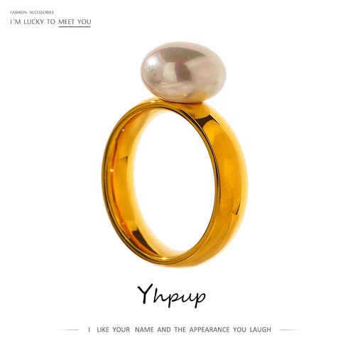 YHPUP 우아한 쉘 진주 반지 패션 골드 스테인레스 스틸 금속 18 K 기하학 보석 여성 약혼