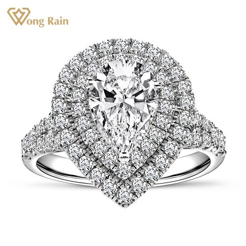 WONG RAIN 925 STERLING SILVER PEAR CUT CREATED MOISSANITE DIAMONDS GEMSTONE WEDDING ENGAGEMENT RING