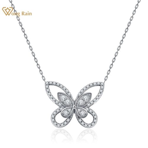 WONG RAIN 925 STERLING SILVER CREATED MOISSANITE GEMSTONE WEDDING ENGAGEMENT BUTTERFLY PENDENT NECKL