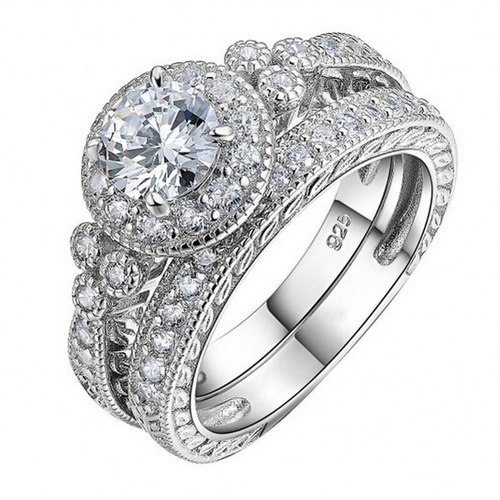 빈티지 925 스털링 실버 다이아몬드 반지세트 2-에서-1 여성 토파즈 보석 쥬얼리 럭셔리 약혼 결혼 반지 여성을위한