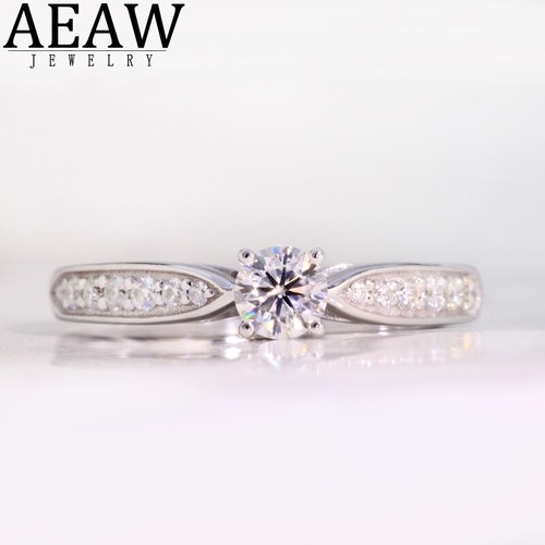AEAW 14 K 화이트 골드 03CT 4MM 라운드 컷 MOISSANITE 약혼 다이아몬드 반지 기념일 여자을위한