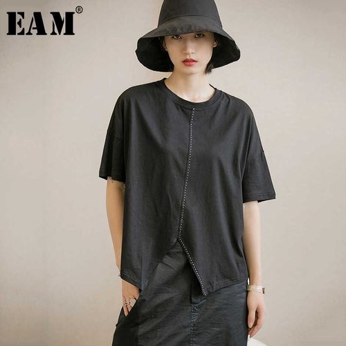 [EAM] 여자 블랙 벤트 비대칭 스플릿 빅 사이즈 티셔츠  라운드 넥 반팔 패션 조수 봄 가을 JX726