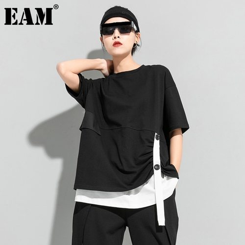 [EAM] 여성 블랙 대비 색 불규칙한 빅 사이즈 티셔츠 새로운 라운드 넥 반 슬리브 패션 조수 봄 여름  1DD5757