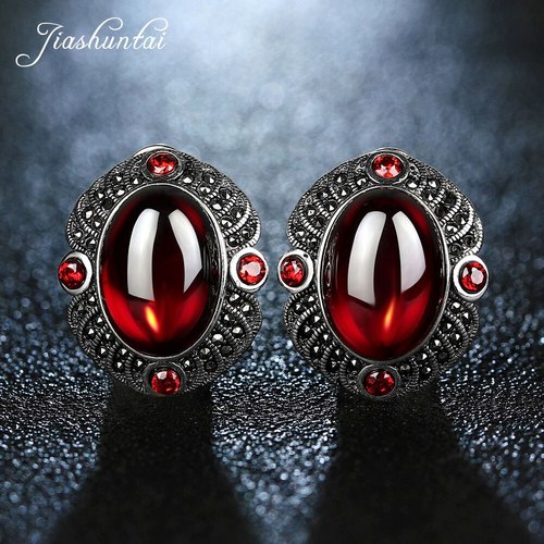 JIASHUNTAI 100 925 스털링 실버세트 붉은 보석 돌 라운드 스터드 귀걸이 여성 패션 주얼리