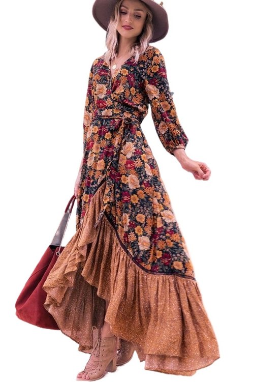가을  층 길이 드레스 여성 긴 소매 프린팅 꽃 빈티지 불규칙한 맥시 MUJER 세련된 랩