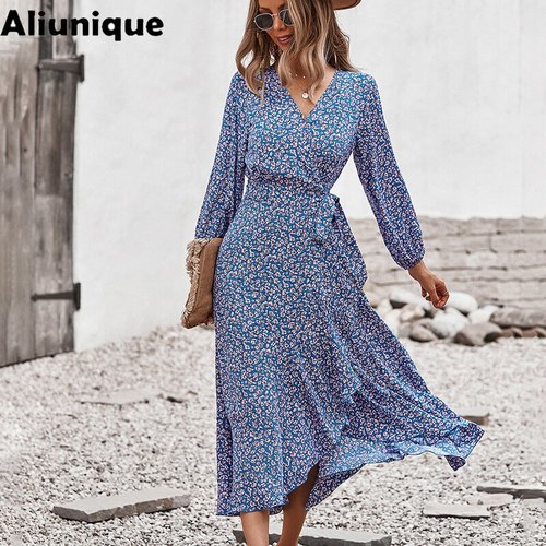 ALIUNIQUE-트렌디 한 새로운 보헤미안 휴가 플라워 드레스 여성용  여름 패션 디자인 쉬폰 캐주얼 프린트 롱