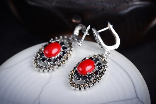 여자 정품 빈티지 925 실버 &amp; 마르카사이트 트렌드 붉은 산호 귀걸이 브린코스 오랑기 스털링 주얼리