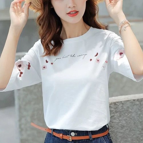 화이트 T 셔츠 여성 여름 자 수 높은 품질 100 코 튼 반팔 탑 캐주얼 솔리드 컬러 핑크