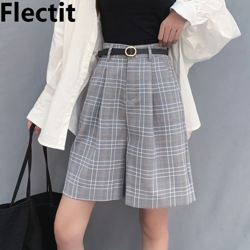FLECTIT WOMENS 체크 무늬 버뮤다 반바지 벨트 허리 와이드 레그 여름 캐주얼 여자