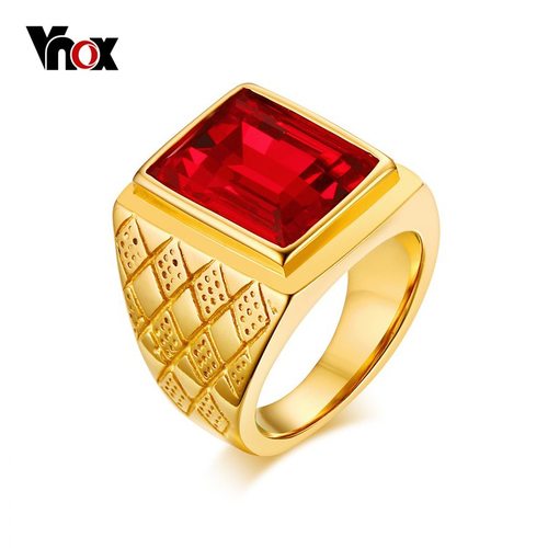 VNOX 붉은 돌 큰 반지 남성 보석 골드 컬러 스테레스 스틸 마름모 약혼