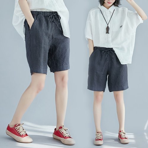 여성 여름  패션 일본 스타일 탄성 높은 허리 스트라이프 빈티지 105KG 캐주얼 반바지 오피스 박시 하라주쿠