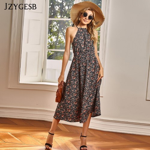JZYGESB 여성 드레스 가을  OFFICE 레이디 넥 마운트 프린팅 BOHO 비치 민소매 라인 롱 랩 SUNDRESS