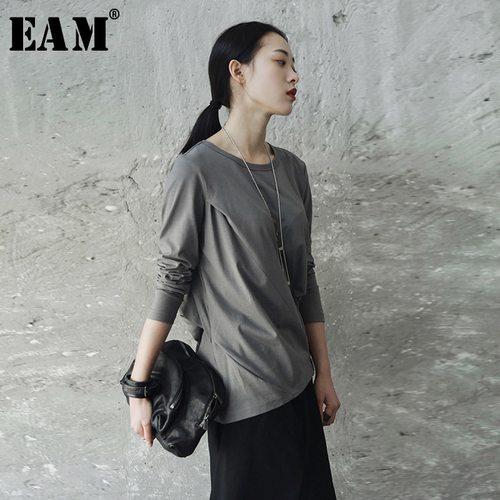 [EAM] NEW 봄 가을 라운드 목 긴  블랙 FOD 분할 공동 박시 탄성 T-셔츠 여성 패션 조수 JE82701S