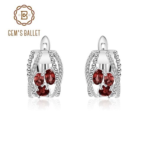 GEM&#039;S BALLET 1.78CT 자연 붉은 석류석 세 돌 클립 귀걸이 여성용 925 스털링 실버 BIRTHSTONE 파 쥬얼리