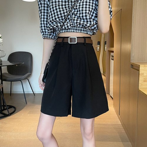 YTX1487 루즈 스트레이트 여름  신제품 스몰 키가 큰 허리 얇은 블랙 정장 반바지 여자용