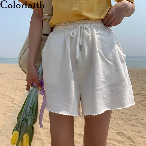 COLORFAITH 새로운  여름 여성 반바지 넓은 다리 높은 탄성 허리 캐주얼 비치 박시 조깅 레이스 업 바지 P1948
