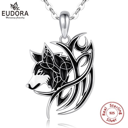 EUDORA 925 스털링 실버 블랙 늑대 목걸이 VALKNUT ODIN의 상징 노르웨이 바이킹 전쟁 MEN&#039;WOMEN 빈티지 펜던트 쥬얼리 D604
