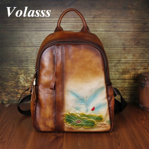 VOLASSS 여성 배낭 빈티지 가방  새로운 수제 양각 레트로 정품 가죽 연꽃 잎 패턴 BAGPACK