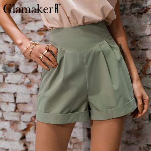 GLAMAKER 비대칭 높은 허리 면화 여름 반바지 여성 캐주얼 느슨한 녹색  지퍼 오피스 패션