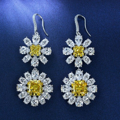 100 925실버 드롭 귀걸이 여성을위한 반짝 이는 노란색 높은 탄소 다이아몬드 숙녀 파 쥬얼리 럭셔리 선물