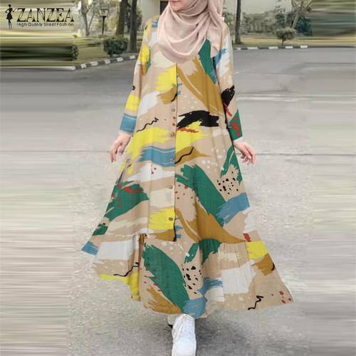 레트로 프린트 셔츠 드레스 여자 이슬람 SUNDRESS ZANZEA 캐주얼 긴  MAXI VESTIDOS 버튼 RUFFLE ROBE OVERSIZED
