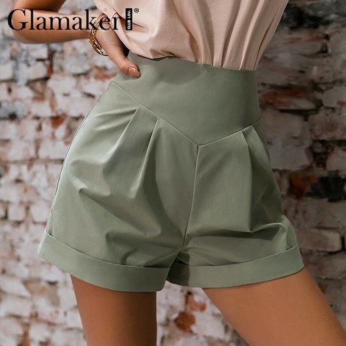GLAMAKER 비대칭 높은 허리 코튼 여름 지퍼 반바지 여성 캐주얼 느슨한 녹색 오피스 패션