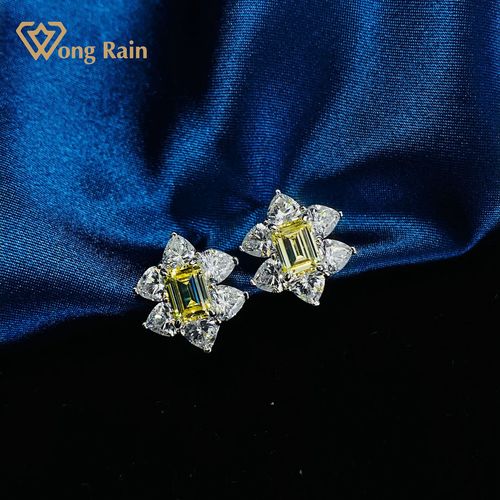 WONG RAIN 100 925 STERLING SILVER EMERALD CUT CREATED MOISSANITE GEMSTONE WEDDING ENGAGEMENT FLOWER