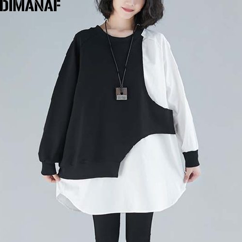 DIMANAF 여성 티셔츠 레이디 상의 기본 박시 긴  튜닉 솔리드 스플라이스 블랙 봄 의류 오버사이즈
