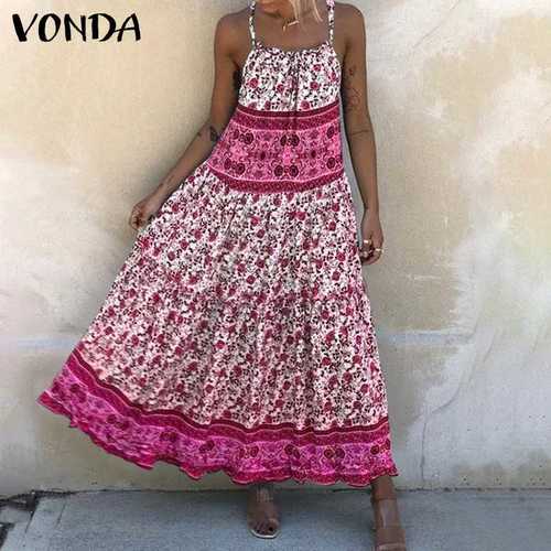 VONDA 여자 여름 긴 드레스 캐주얼 민 보헤미안 플로랄 프린트 슬립 VESTIDOS BEACH SUNDRESS