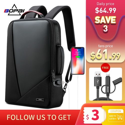 BOPAI-비즈니스 백팩 남성용 트렌드 레저 여행 가방 USB 충전 포트 심플 패션 컴퓨터