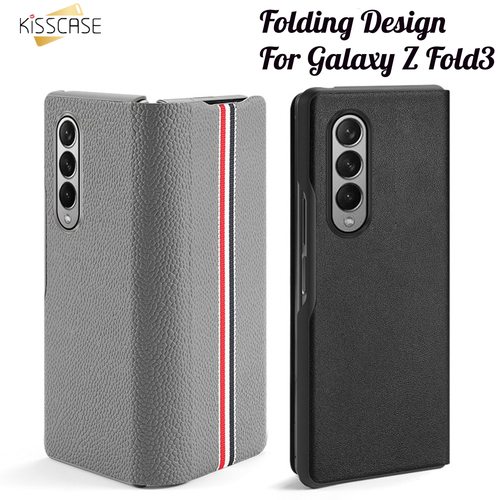 KISSCASE 플립 카본 전화 가방 가죽 케이스 삼성 갤럭시 Z 폴드 3 FOLD3 접이식 2 전체 보호 커버 FUNDA