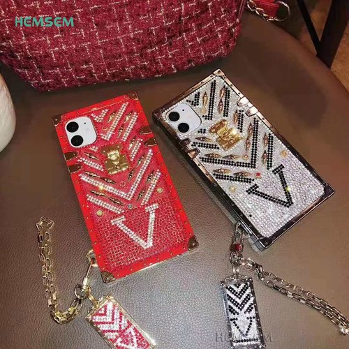 V01 럭셔리 스퀘어 DIY 다이아몬드 주얼리 전화 케이스 귀여운 체인 댕글 러 커버 아이폰 11 12 프로 XS 맥스 XR 7 8 플러스 액세서리