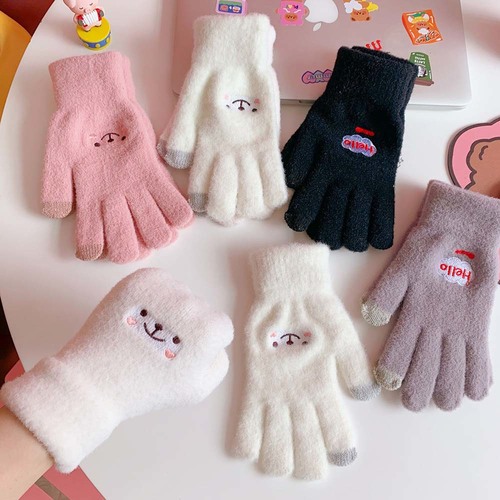 1 쌍  따뜻한 플러시 장갑 큐트 학생 일본 소녀 미소 터치 스크린 다섯 손가락