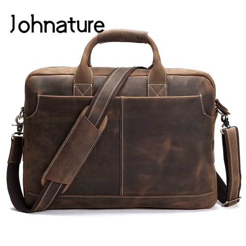 JOHNATURE-새로운 비즈니스 크레이지 호스 가죽 노트북 가방, 남성 컴퓨터 대형 핸드백 숄더백, 14 인치,