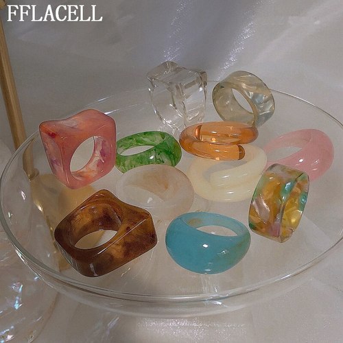 FFLACELL- 여름 패션 아크릴 기하학적 비정형 유리 공 투명 수지 여자을 위한 다채로운 반지 보석 선물