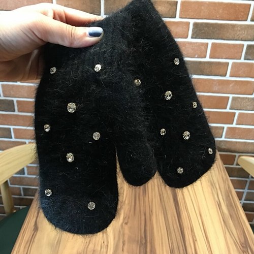 패션 여자  장갑 순수 컬러 라인스톤 토끼 모피 소프트 따뜻한 캔디 더블 레이어 여성 선물