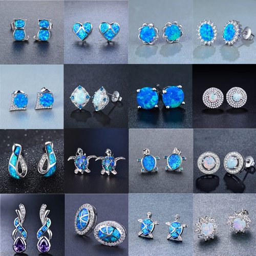 FDLK-빈티지 블루 인공 파이어 오팔 은도금 스터드 귀걸이, 워터 드롭 지르콘, 여성 웨딩 파티  선물