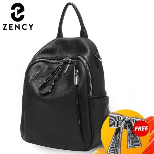 Zency 100% 천연가죽  여자 가방 데일리 캐주얼 여행 가방 여자를 고품질 Schoolbag 블랙 가방