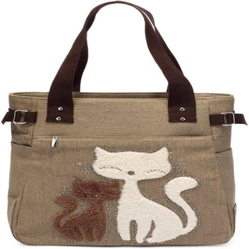 독일직구 KAUKKO 캔버스 핸드백 귀여운 고양이 쇼핑객 어깨에 매는 가방 여성 소녀 숙녀 고양이 애호가, 카키색, m