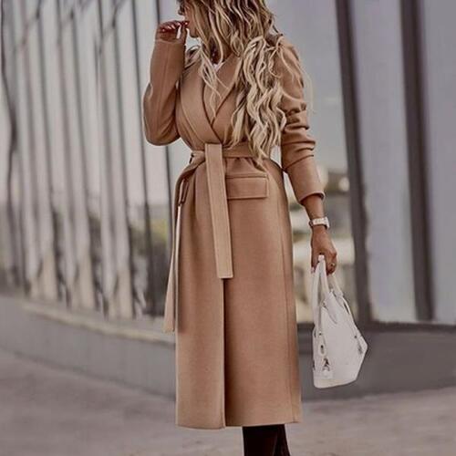 여자 옷깃 긴겉옷 솔리드 컬러 벨트 코트 재킷 따뜻한 벨트유지