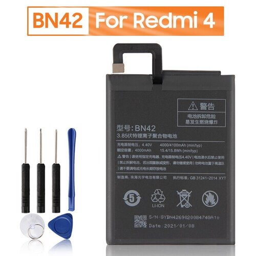 BN42 배터리 XIAOMI REDMI 4 HONGMI4 REDMI4 표준 버전 충전식 교체 전화 4000MAH + 도구 용