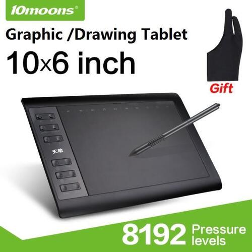 10moons 1060Plus 그래픽 태블릿 10x6 인치 디지털 그리기 태블릿 8192 레벨 배터리없는 펜과 장갑